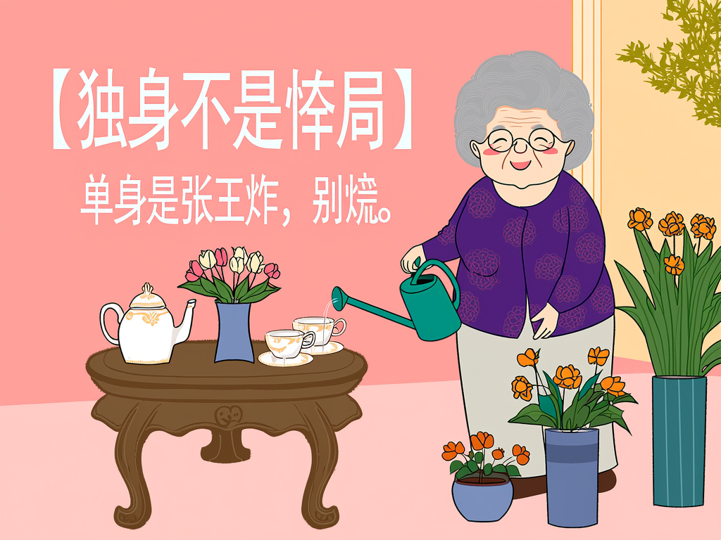 有一位戴着眼镜、头发灰白的老奶奶，她穿着紫色上衣，正在院子里浇花，有茶几，有鲜艳的鲜花。文字内容是“【独身不是残局】  ...